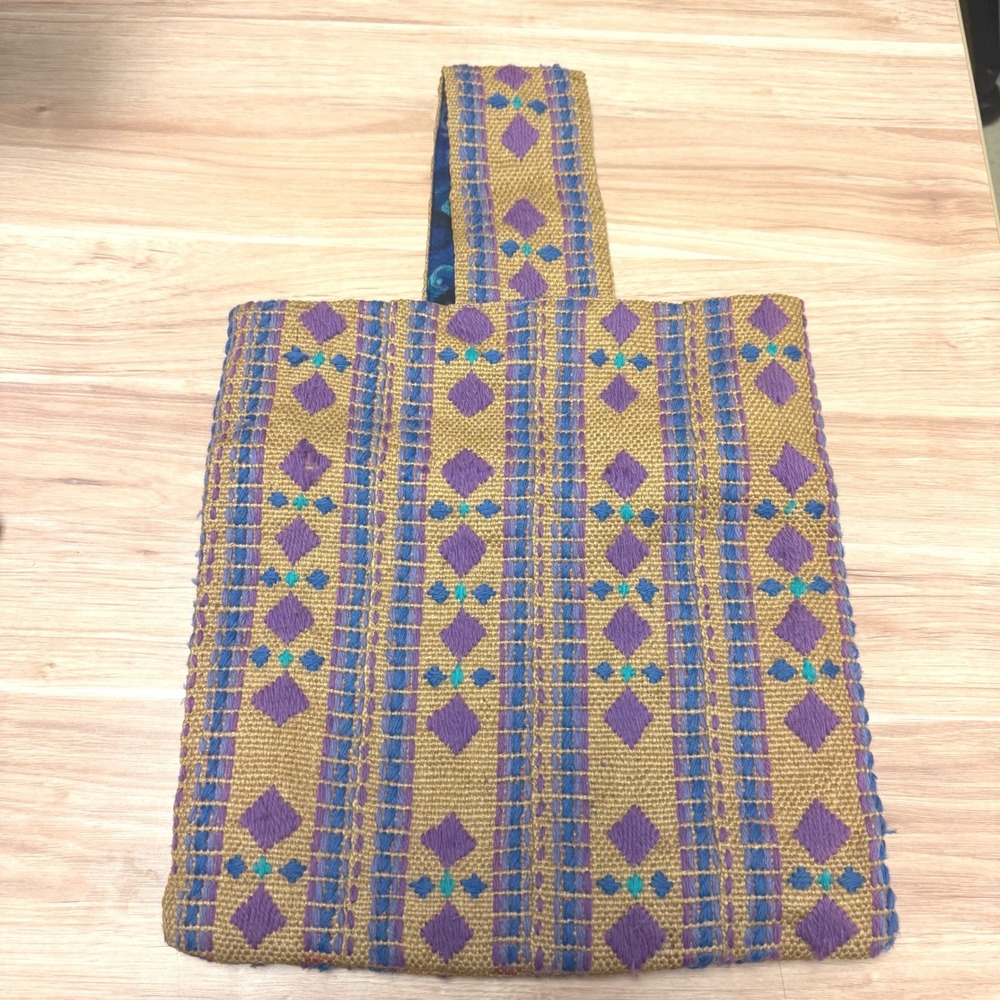 Handmade‎ Woven Geometric Diamond Tote Bag Purple Blue Tan Boho Single Handle